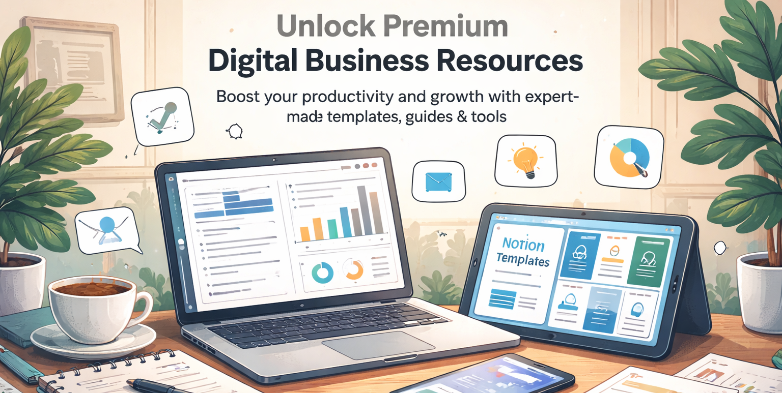 Promotional graphic for digital business resources with laptop, tablet, and smartphone on a desk.